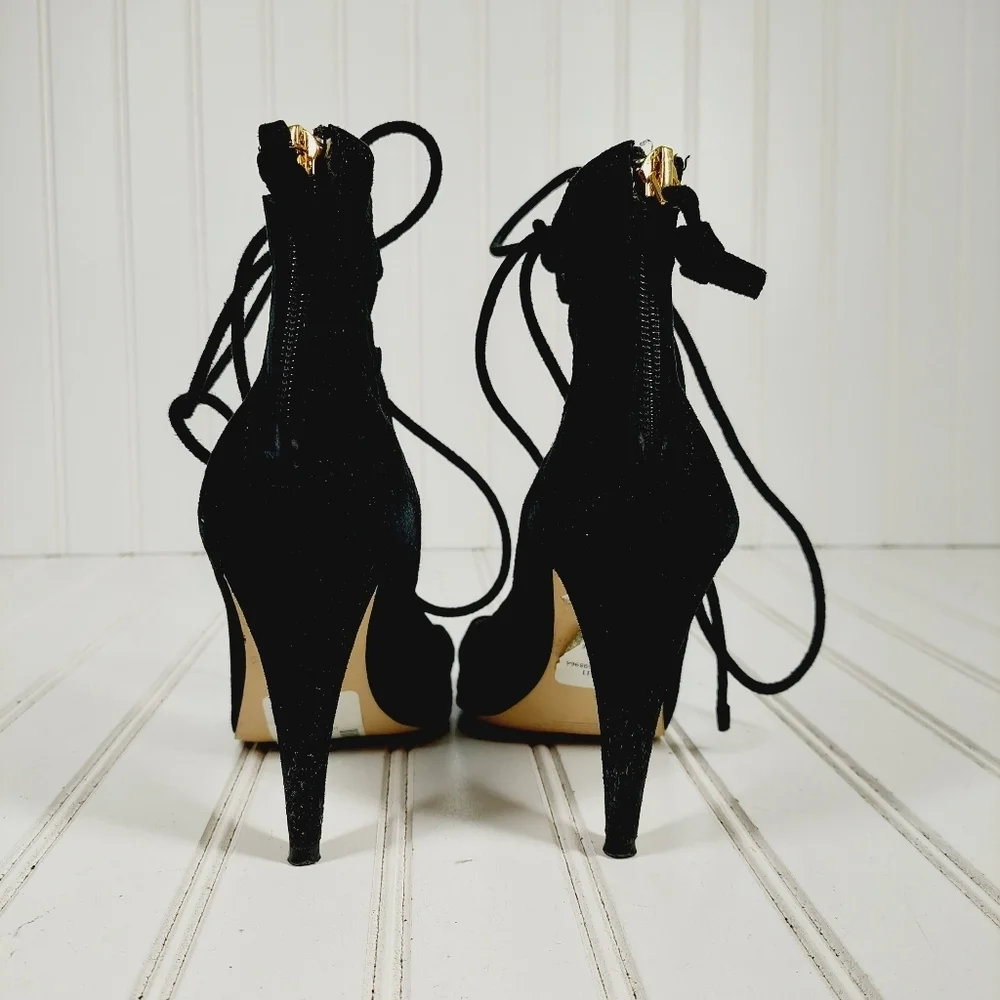 Saks Fifth Avenue Naylee Black Suede Tie Up Sandals Stiletto Heels I418